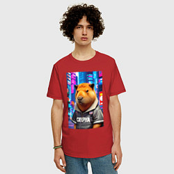 Футболка оверсайз мужская Cool capybara - urban style - neural network, цвет: красный — фото 2