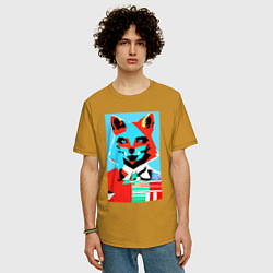 Футболка оверсайз мужская Морда лисы - поп-арт - нейросеть, цвет: горчичный — фото 2