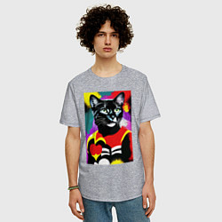 Футболка оверсайз мужская Черная кошка с сердцем: поп-арт - нейросеть, цвет: меланж — фото 2