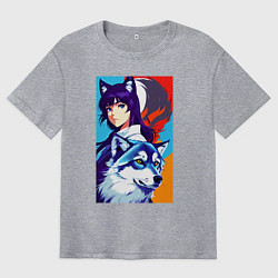 Мужская футболка оверсайз Девочка-волчонок и волк - аниме - нейросеть