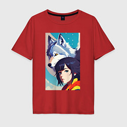 Мужская футболка оверсайз Girl and wolf - anime - neural network -art