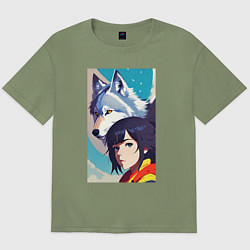 Футболка оверсайз мужская Girl and wolf - anime - neural network -art, цвет: авокадо