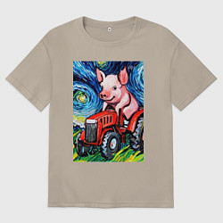 Мужская футболка оверсайз Поросенок на красном тракторе - стиль Ван Гог