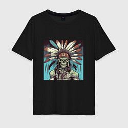 Мужская футболка оверсайз Индеец зомби с перьями на голове