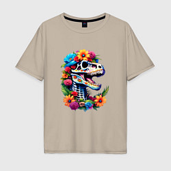 Футболка оверсайз мужская Череп тираннозавра с яркими цветами, мексиканский, цвет: миндальный