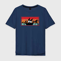 Футболка оверсайз мужская Мемный кот ретро - с револьверами, цвет: тёмно-синий