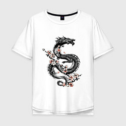 Мужская футболка оверсайз Дракон с цветущей сакурой