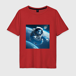 Футболка оверсайз мужская Голубой котик космонавт, цвет: красный