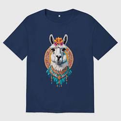 Мужская футболка оверсайз Красивая лама с цветами и перьями