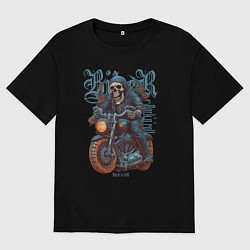 Футболка оверсайз мужская Скелет байкера на мотоцикле под rocknroll, цвет: черный