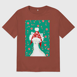 Футболка оверсайз мужская Лама - альпака в ушанке, цвет: кирпичный