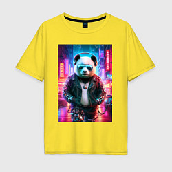Мужская футболка оверсайз Панда в ночном Пекине - киберпанк - нейросеть