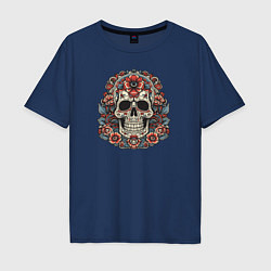Мужская футболка оверсайз Череп с цветами в стиле мексиканского дня мертвых