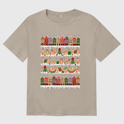 Футболка оверсайз мужская Капибара зимой на Новый год, цвет: миндальный