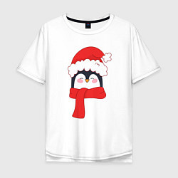 Футболка оверсайз мужская Новогодний пингвин в шапке Деда Мороза, цвет: белый