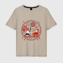 Мужская футболка оверсайз Кот и лиса из сказки в стиле мезенских мотивов