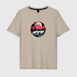Футболка оверсайз мужская Тойота Супра и алый горный закат, цвет: миндальный