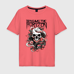 Футболка оверсайз мужская Bring Me the Horizon - A skull with roses, цвет: коралловый