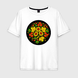Мужская футболка оверсайз Хохломская роспись цветы и ягоды в чёрном круге