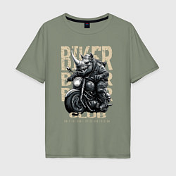 Мужская футболка оверсайз Носорог байкер на мотоцикле