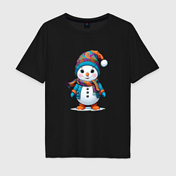Мужская футболка оверсайз Снеговик в шапочке и с шарфом