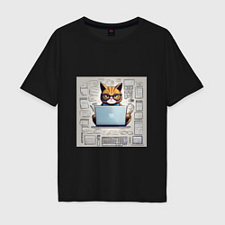 Футболка оверсайз мужская Кот программист за ноутбуком, цвет: черный