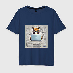 Футболка оверсайз мужская Кот программист за ноутбуком, цвет: тёмно-синий