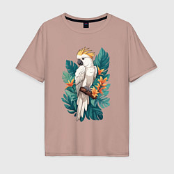Мужская футболка оверсайз Попугай какаду и тропические листья
