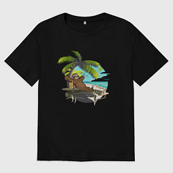 Футболка оверсайз мужская Ленивец под пальмой, цвет: черный