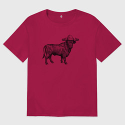 Футболка оверсайз мужская Бык в новогодней шапке, цвет: маджента