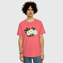 Футболка оверсайз мужская Ромашка белая, цвет: коралловый — фото 2