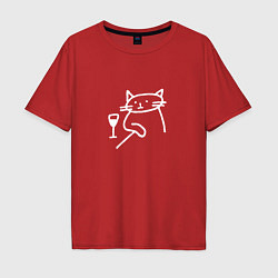 Мужская футболка оверсайз Мемный забавный кот грустит возле бокала вина