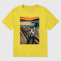 Мужская футболка оверсайз Кошка кричит - мем нейросеть