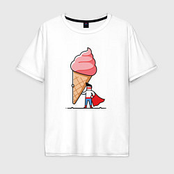 Футболка оверсайз мужская Забавный супермен держит огромный рожок мороженого, цвет: белый