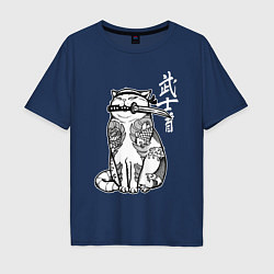 Мужская футболка оверсайз Кот самурай - сёто в зубах
