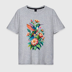 Мужская футболка оверсайз Колибри среди цветов
