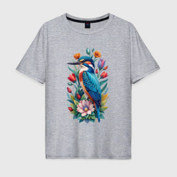 Мужская футболка оверсайз Птица зимородок среди цветов