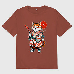 Футболка оверсайз мужская Кошечка в кимоно в японском стиле, цвет: кирпичный