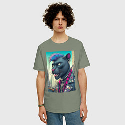 Футболка оверсайз мужская Чувак пантера панк житель Нью-Йорка - нейросеть, цвет: авокадо — фото 2