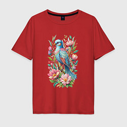 Мужская футболка оверсайз Красивая голубая птица среди цветов