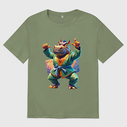 Футболка оверсайз мужская Бегемот в кимоно, цвет: авокадо