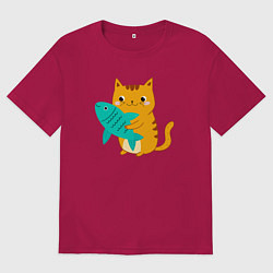 Футболка оверсайз мужская Рыжий котик с рыбкой, цвет: маджента