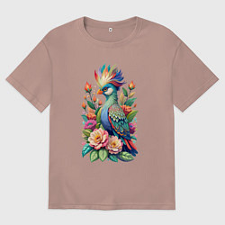 Футболка оверсайз мужская Голубая птица с хохолком среди цветов, цвет: пыльно-розовый