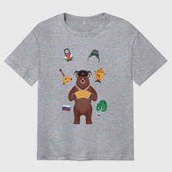 Футболка оверсайз мужская Медведь с балалайкой в ушанке и матрёшка, цвет: меланж