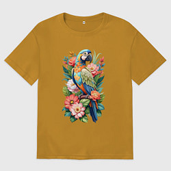 Футболка оверсайз мужская Голубой попугай Ара среди цветов, цвет: горчичный
