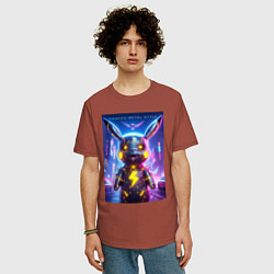 Футболка оверсайз мужская Cyber Pikachu - metal style neon glow, цвет: кирпичный — фото 2