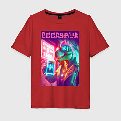 Футболка оверсайз мужская Cool dude Dino with a mug of beer - ai art, цвет: красный