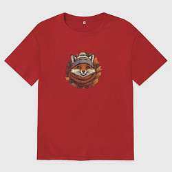 Футболка оверсайз мужская Лис в шапке и шарфе, цвет: красный