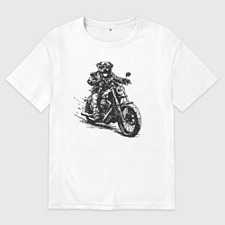 Футболка оверсайз мужская Ротвейлер байкер на мотоцикле чоппере, цвет: белый