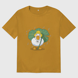 Мужская футболка оверсайз Милая уточка гусь под листом в шляпке в дождь